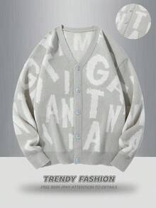 Manfinity EZcore Plus Size Men's Letter Print Front Button V-Neck Long Sleeve Cardigan, Fall/Winter