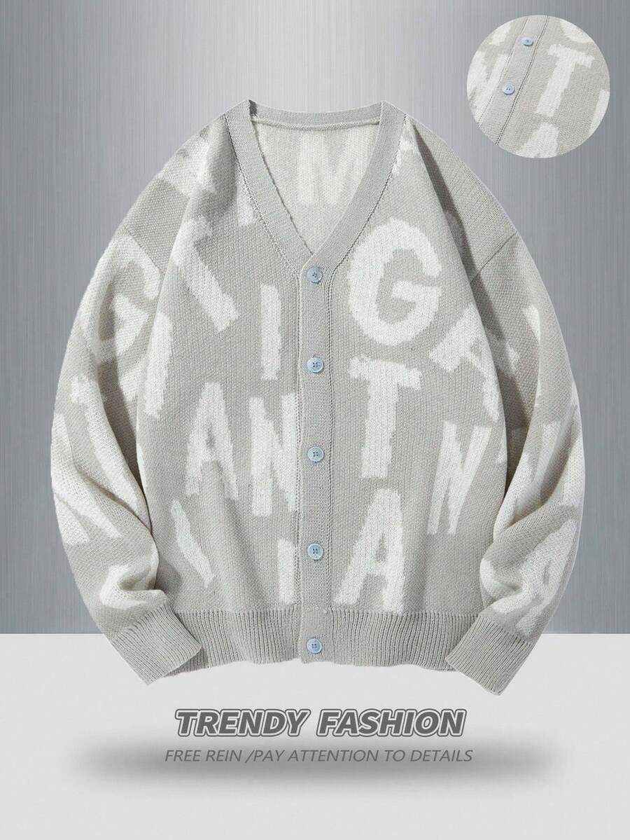 Manfinity EZcore Plus Size Men's Letter Print Front Button V-Neck Long Sleeve Cardigan, Fall/Winter