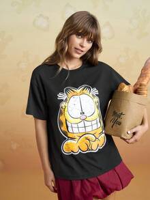 GARFIELD | SHEIN Women's Casual Vintage Cartoon Cat Print Round Neck Short Sleeve T-Shirt, Summer - Black - View 4