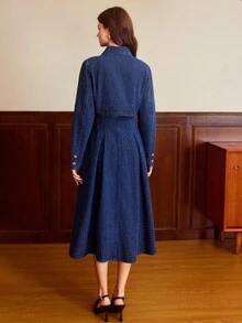 Vintamour 女士时尚通勤短款牛仔夹克和连衣裙套装 - 深色水洗藍 - 查看 2