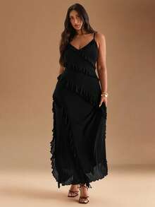 SHEIN BAE Đầm maxi cổ yếm in hoa họa tiết da báo thời trang mùa hè thanh lịch dành cho nữ cỡ lớn, thích hợp cho các buổi hòa nhạc, đi làm tốt nghiệp - màu đen - Xem 4
