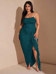 SHEIN BAE Vestido verde guisante/verde con volantes y abertura alta para mujer talla grande, elegante vestido de playa para vacaciones, vestido de fiesta en la playa, vestido para salir de noche, vestido de cumpleaños, vestido sexy y elegante, vestido de malla