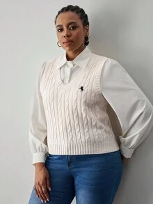 SHEIN Tall CURVE Plus Size Women's Casual V-Neck Knitted Vest With Knight Pattern, Autumn/Winter - Apricot - View 6