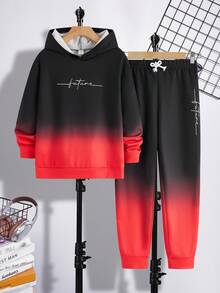 SHEIN 2 件套 Tween Boy 休闲渐变色手写字母图案连帽衫和松紧腰裤套装，适合秋季、春季、冬季，适合户外玩耍、学校、街头摄影、派对和居家休闲，性价比高 - 紅色 - 查看 8