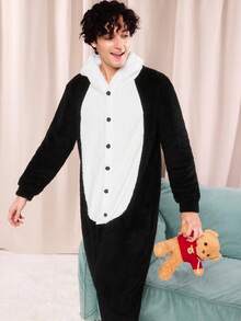 Men Playful Cartoon Animal Panda Plush Cosplay Reversible Fleece Jumpsuit, Comfortable Homewear, Suitable For Family Party, Fluffy, Winter, Cozy - Black and White - View 6