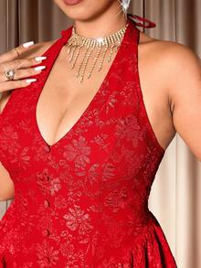 Cravure 大码女式优雅复古红色纹理提花花卉吊带修身喇叭形 A 字长裙，适合秋冬季、返校、毕业典礼、节假日、情人节、圣诞节、音乐节、母亲节、万圣节、感恩节、复活节、国庆节、舞会、约会、派对、婚礼、郊游 - 紅色 - 查看 2