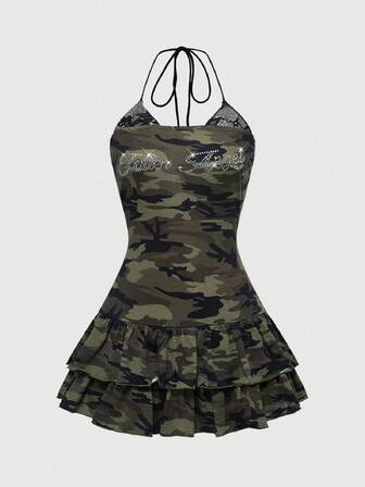 J-Fashion Y2K sexy Camouflage Mini Puffärmel Kleid, trägerloses Bodycon-Kleid für Frauen