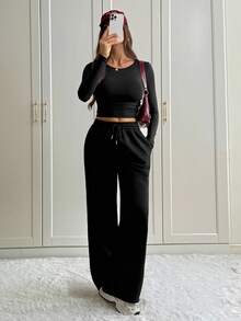 SHEIN Tall 2 件套女士纯黑色休闲家居服套装，长袖上衣和裤子，适合秋冬季，高码 - 黑色 - 查看 7