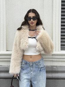 Firerie 女士时尚现代通勤休闲性感派对领短款杏色仿皮草大衣，秋冬 - 杏色 - 查看 2