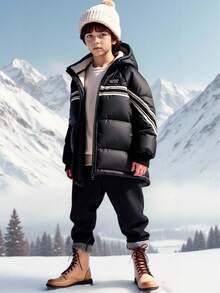 SHEIN Kurtka chłopięca, luźna, średniej długości, swobodna, zapinana na zamek błyskawiczny z przodu, gruba, ocieplana, czarna, odpowiednia na zimę, wakacje, na zewnątrz i w śnieżną pogodę