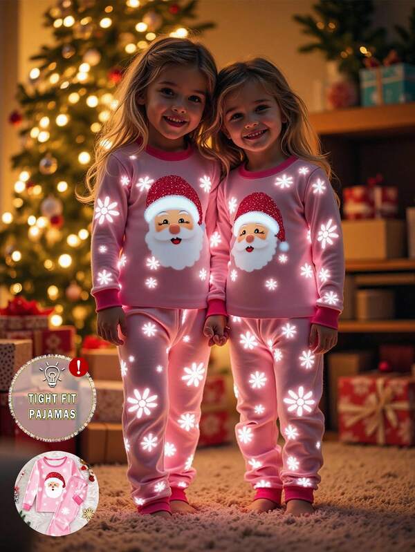 SHEIN 1 Set Weihnachts-Pyjamas für Kleine Mädchen mit Kontrast-Kragen- und Manschetten-Design mit Weihnachtsmann-Motiv, eng anliegende, bequeme Strick-Langarmoberteil und Hose, Nachtwäsche Loungewear