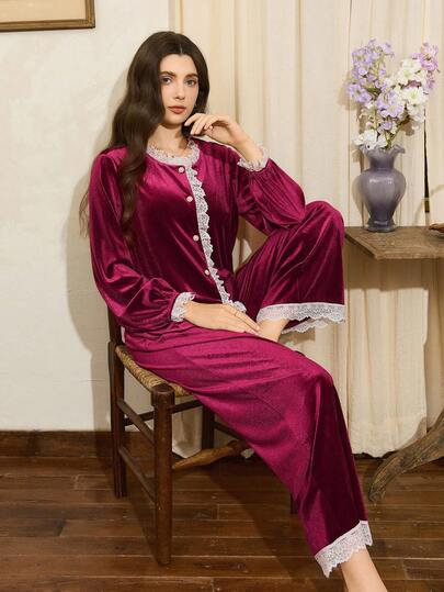 Côtesoire Elegant French Style Contrast Lace Burgundy Women Pajama Set Long Pants Pajama Set Burgundy Pajama Set Sleep Wear Women 2 Pieces Set Velvet Pajama Set Women Pajamas Set For Woman, Fall Clothes