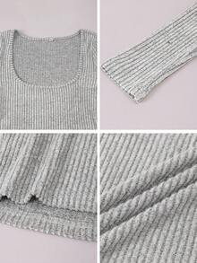 Almamuse Casual Solid Color Knit U-Neck Long Sleeve T-Shirt - Light Grey - View 9