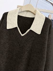 Franclia V-Neck 2 In 1 Long Sleeve Sweater, Autumn/Winter - Coffee Brown - View 3