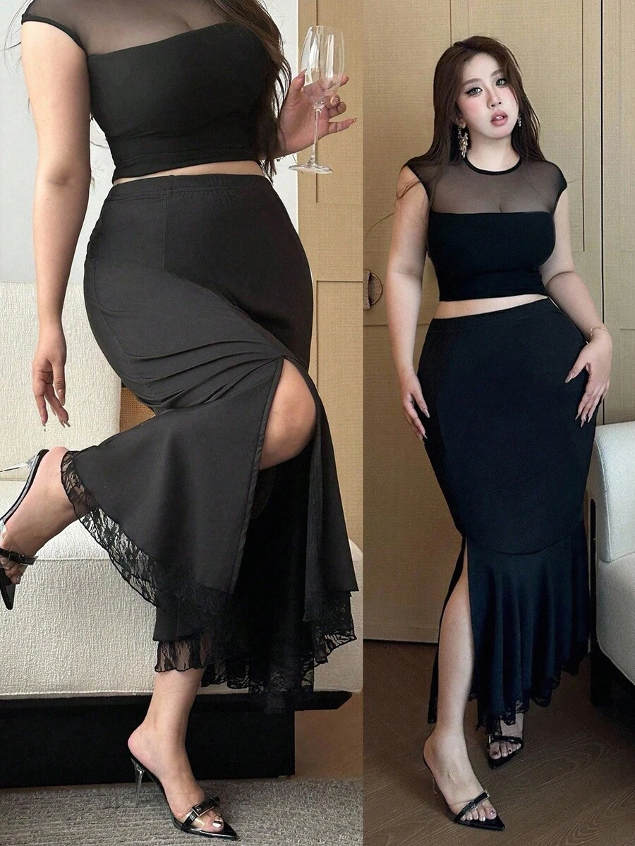 Flirla Plus Size Women Elegant Contrast Lace Slit Hem 2 In 1 Mermaid Hem Pencil Skirt - Black - View 1
