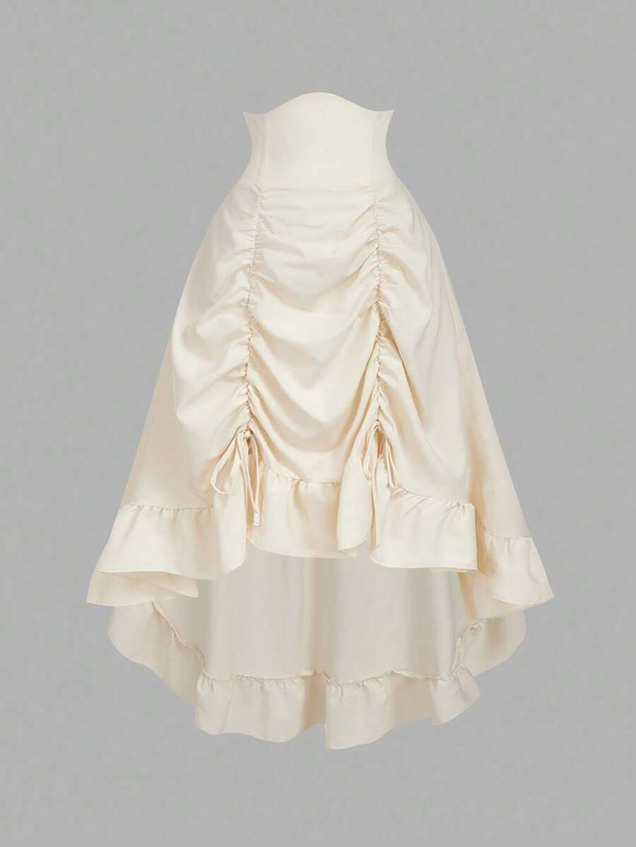 SHEIN MOD 加大码高腰不对称下摆半身裙，高腰腰带，前摆褶皱，长度可调，荷叶边下摆，可翻转设计，后腰收拢，杏色，复古，优雅 - 杏色 - 查看 1