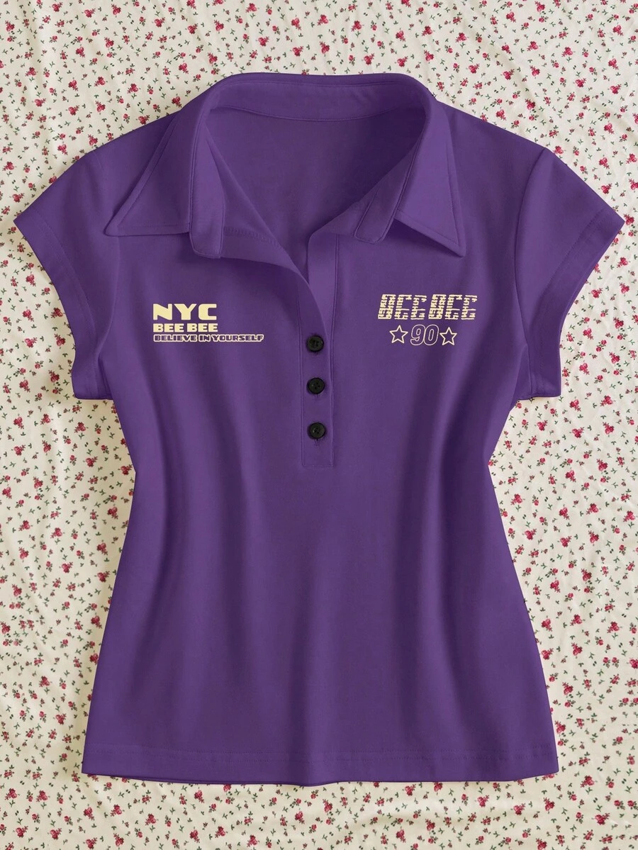 INAWLY 女式字母印花纽扣休闲百搭短袖T恤 - 紫羅蘭色 - 查看 1