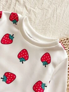 SHEIN Vintaside Kids بلوزة كم طويل مطبوعة بالفراولة الأومبير وسروال ضيق مجموعة ملابس مكونة من قطعتين، أنيقة وجميلة للفتيات، للربيع/الخريف - الأحمر - مشاهدة 5