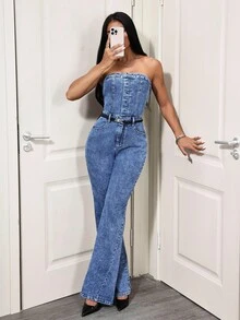 SHEIN Tall 女式休闲牛仔连体裤，简约时尚，适合日常穿着 - 中等水洗藍 - 查看 4