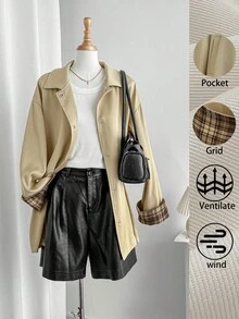 Celisse 女式翻领撞色格子长款风衣 - 卡其色 - 查看 3