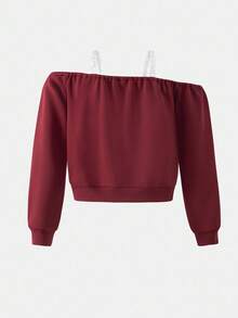 2pcs/Set Tween Girls' Off-Shoulder Sweatshirt And Loose Fit Sweatpants Casual Sports Suit, Autumn/Winter - Burgundy - View 3