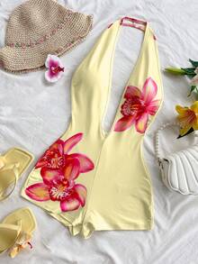 Soleia 女士度假白色针织纹理波浪图案深 V 领露背性感紧身衣，时尚合身，适合派对、约会、下午茶、波西米亚风度假、海滩、夏季服装 - 黃色 - 查看 3