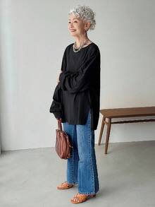 FRIFUL Women's Solid Khaki Round Neck Long Sleeve Patchwork Side Slit Hem Loose Casual Versatile T-Shirt, Autumn Wear - Black - View 2