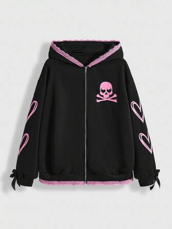 Goth Plus Size Pink Heart Skull Graphic Bow Cuff Cute Pink Lace Casual Hoodie Sweatshirt, Plus Size Women Black Hoodie Jacket, Plus Size Women Daily Casual Hoodie Sweatshirt Jacket, Street Gothic Casual Autumn Women Top
