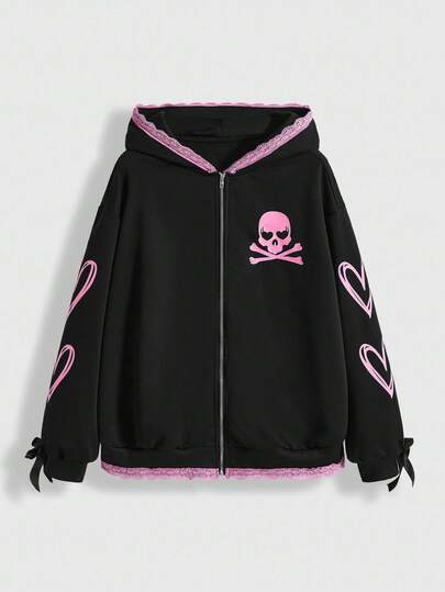 Plus Size Pink Heart Skull Graphic Bow Cuff Cute Pink Lace Casual Hoodie Sweatshirt, Plus Size Women Black Hoodie Jacket, Plus Size Women Daily Casual Hoodie Sweatshirt Jacket, Street Gothic Casual Autumn Women Top
