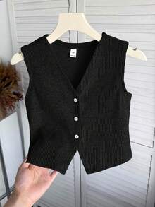SHEIN Tween Girl Casual Solid Khaki Ribbed Knit Top Cute Black Tops Girls Tops Black Top For Kids Girl Front Open Black Top