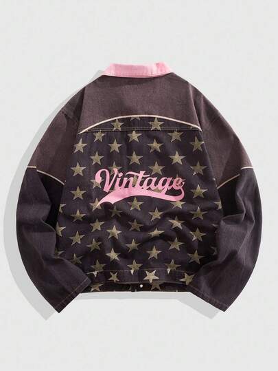 Street Life Men's Autumn Star Print Long Sleeve Single-Breasted Casual Denim Jacket