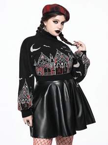 ROMWE Gothic Christmas Castle & Cross Pattern Plus Size Women Turtleneck Contrast Color Pullover Sweater - Black - View 7