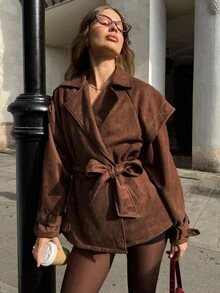SHEIN BAE 女士绒面革夹克，专为秋冬设计 - 巧克力棕 - 查看 7