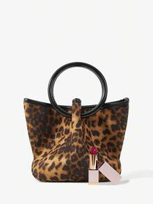 Maija Ladies, Women Top Handle Bags, Leopard Print, Animal Print, Suede, Suede Bag, Fashionable, Elegant, Simple, Personalized, Versatile, Classic, Retro, Vintage, For Commute, Office, Date, Daily, Shopping, Afternoon Tea - Brown - View 3