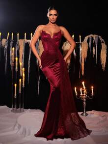 Glamrae Elegant Luxurious Lace Patchwork Elastic Satin Ruched Fishtail Skirt, Suitable For Weddings, Parties, Vacations, Balls, Formal Occasions (Heavy-Duty) - Burgundy - View 2