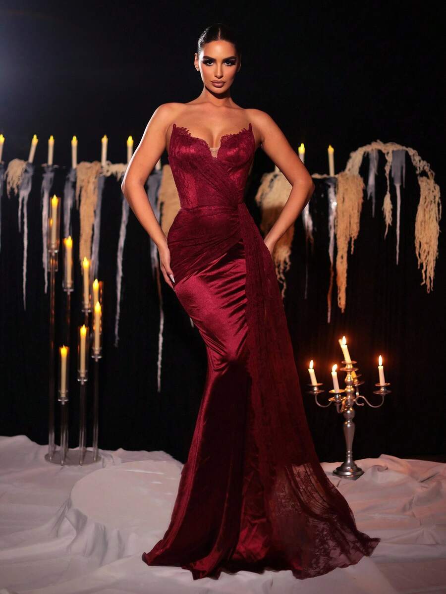 Glamrae Elegant Luxurious Lace Patchwork Elastic Satin Ruched Fishtail Skirt, Suitable For Weddings, Parties, Vacations, Balls, Formal Occasions (Heavy-Duty)