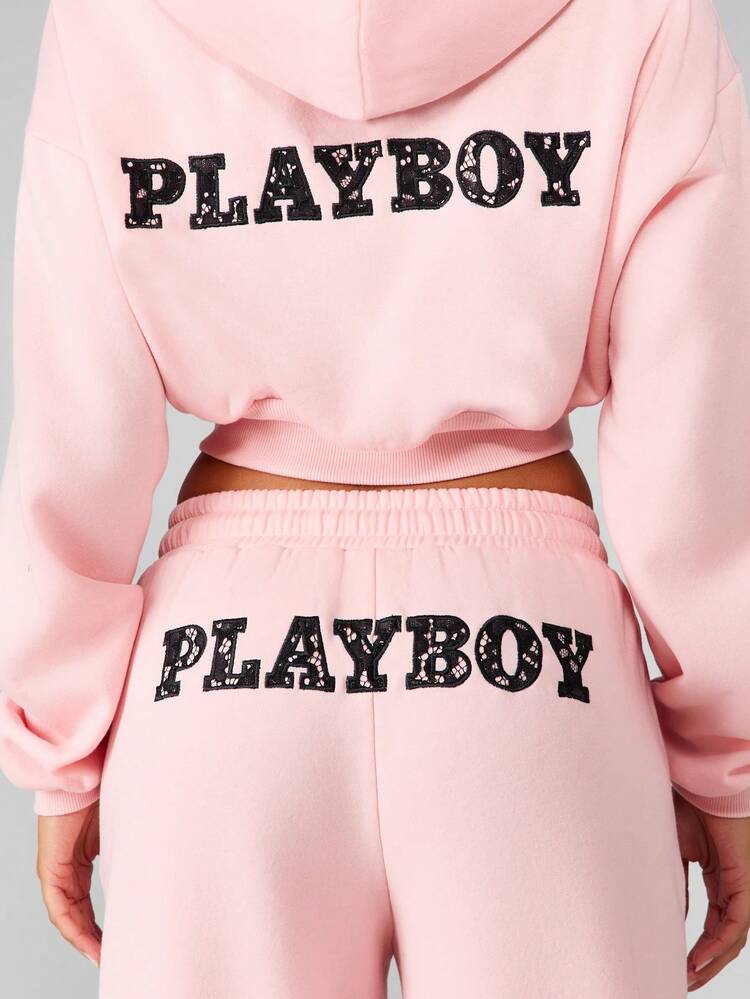 Missguided x Playboy Wide Leg Jogger Pants With Graphic Print Embellishment High Rise Oversized Loungewear For Fall Winter