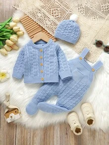 SHEIN Vintaside Kids 3 件套新生儿针织服装套装 - 舒适简约圆领长袖开衫，搭配围兜和可爱帽子 - 藍色 - 查看 6