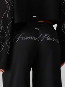 Missguided x Playboy 阔腿抽绳运动裤，饰有水钻兔子标志和金属铆钉侧边细节，休闲高腰阔腿裤，适合秋冬季穿着，时尚街头风。 - 黑色 - 查看 3