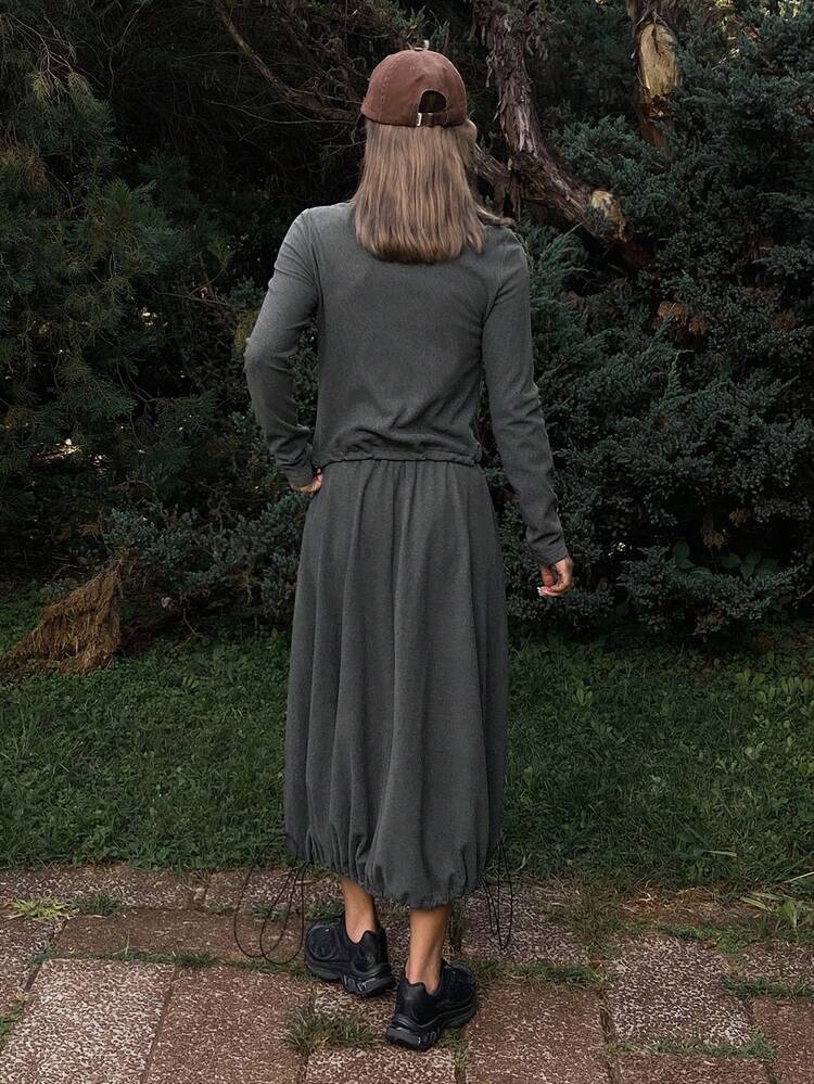 2pcs/Set Women Solid Color Fitted Thermal Lined High Neck Zip-Up Hoodie And A-Line Skirt, Casual Street Style For Autumn/Winter