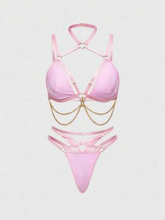Grunge Punk Dark Street Punk Pink Punk PU Triangle Cup Bra & Thong Sexy Lingerie Set