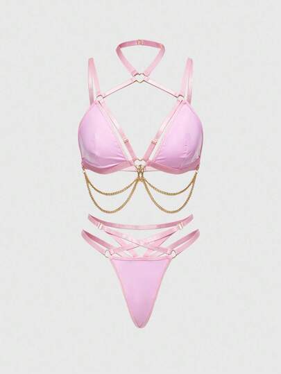 Grunge Punk Dark Street Punk Pink Punk PU Triangle Cup Bra & Thong Sexy Lingerie Set