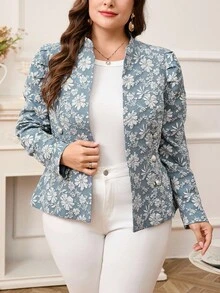 Reflora 大码3D立体花卉提花蓝色金属纽扣装饰夹克，优雅百搭，适合日常、休闲、商务通勤、外出、秋季穿着。 - 霧霾藍 - 查看 6