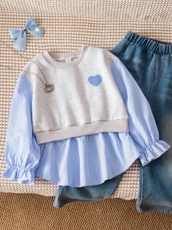 Blusa de manga larga con cuello redondo, estampado de corazón minimalista estilo coreano, parches de felpa, rayas azules y blancas, para niñas pequeñas, ropa casual urbana de moda para otoño