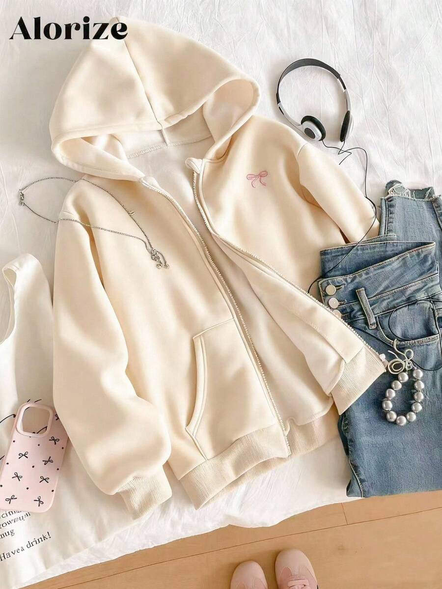 Teen Girl Casual Hooded Zip-Up Sweatshirt With Pink Bow Embroidery And Pockets, Suitable For School, Commuting, Walking, Matching With Sweatpants, Long Sleeves, Sweaters