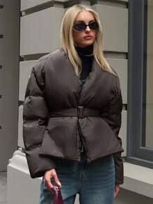 Aloruh Áo khoác mùa đông dài tay cổ chữ V màu cà phê dành cho nữ, áo khoác màu nâu, áo khoác dày màu trơn, phong cách cổ điển, phong cách công sở thường ngày dành cho nữ, thanh lịch, sang trọng, áo khoác đi làm, áo khoác mùa đông cho nữ, mùa đông cho nữ, công sở cho nữ, sân bay, thời trang đường phố, mùa thu đông, mùa đông dành cho nữ - Cà phê nâu - Xem 7