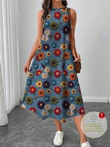 SHEIN LUNE Women's Casual Printed Mid-Length Dress, Suitable For Spring/Summer - Dusty Blue - View 1