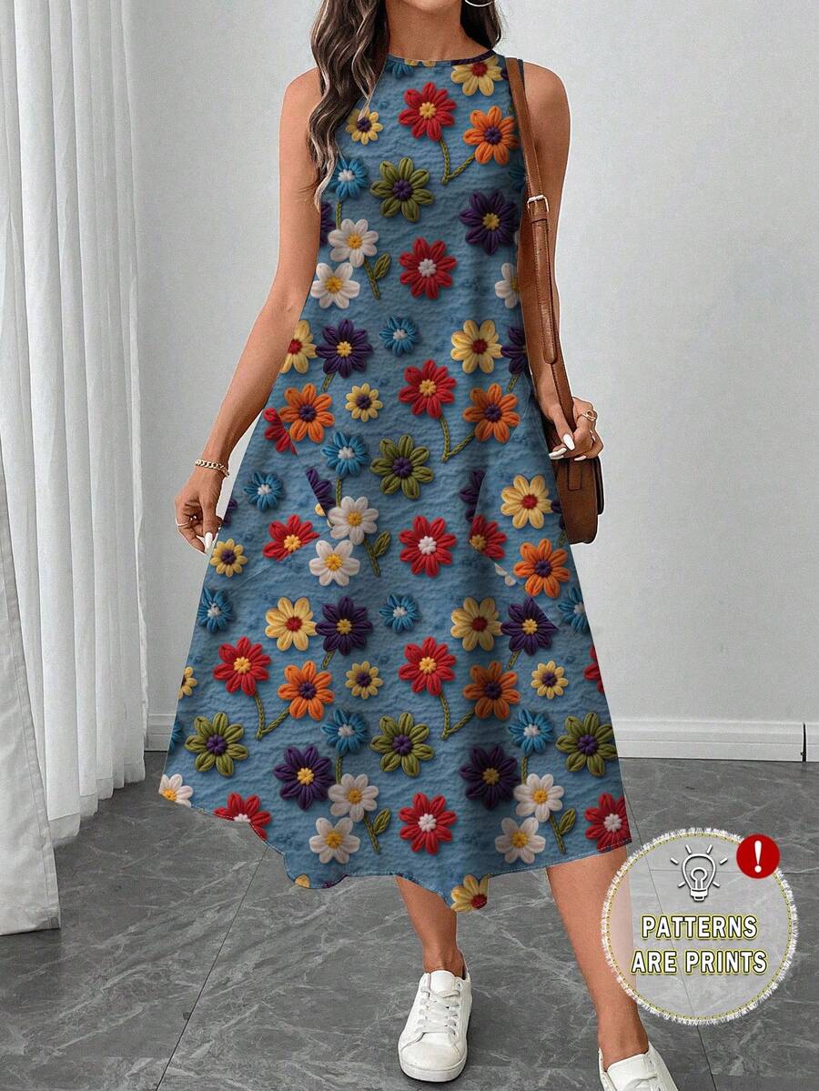 SHEIN LUNE Women's Casual Printed Mid-Length Dress, Suitable For Spring/Summer - Dusty Blue - View 1