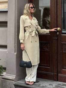 Pariaura Chaqueta cortavientos casual de manga larga y doble botonadura para mujer - Caqui - Ver 5