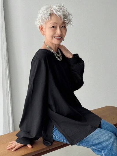 FRIFUL Camiseta feminina cáqui lisa, gola redonda, manga comprida, patchwork, fenda lateral, solta, casual, versátil, para uso no outono